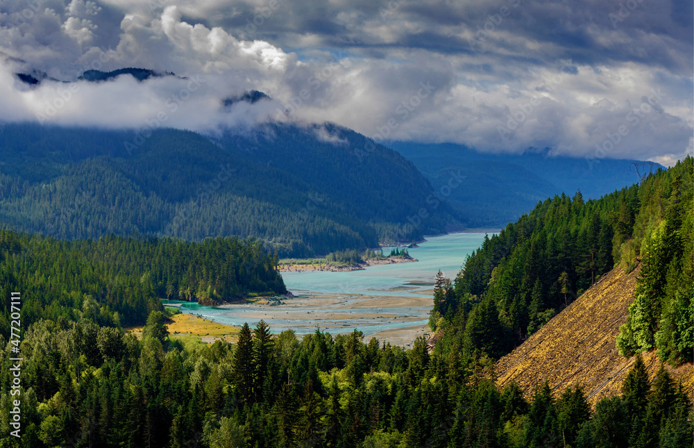 Panoramic view of the mountains in the Brandywine valley. Scenic coastal British Columbia, Canada. Brandywine Falls is located on the sea to sky highway between Vancouver and Whistler.