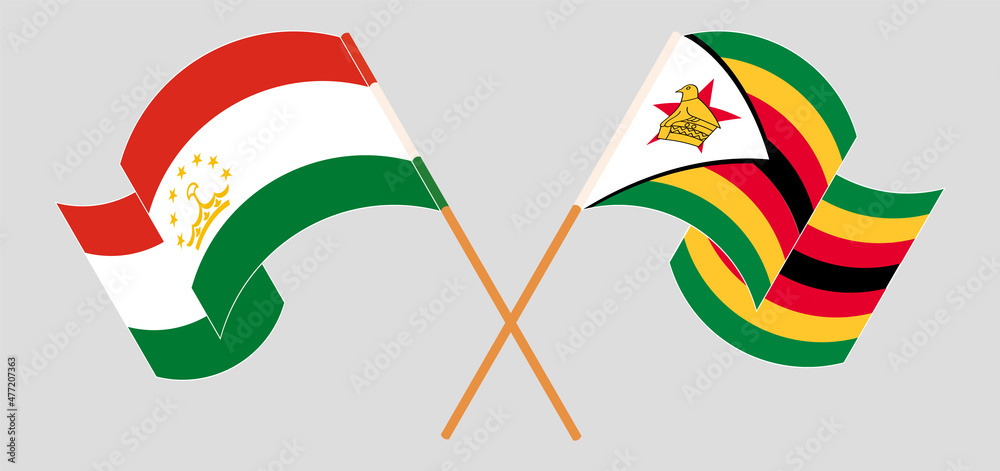 Crossed and waving flags of Tajikistan and Zimbabwe Crossed and waving flags of Tajikistan and Zimbabwe