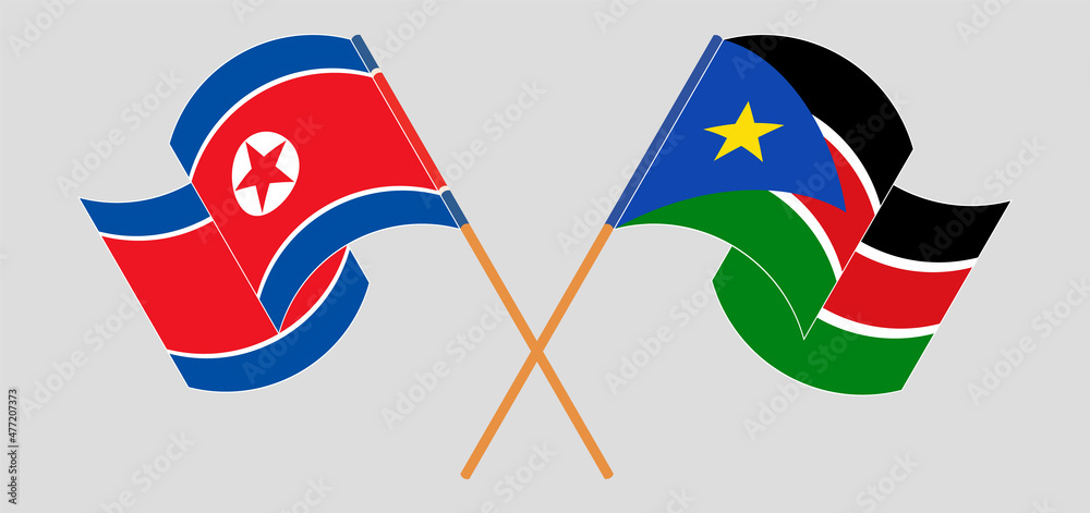 Crossed and waving flags of North Korea and South Sudan Crossed and waving flags of North Korea and South Sudan