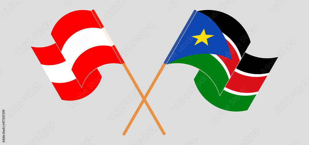 Crossed and waving flags of Austria and South Sudan Crossed and waving flags of Austria and South Sudan