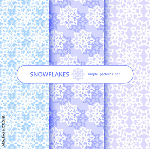 Ornate paper snowflakes - set of three seamless vector patterns of  snowflakes silhouettes.