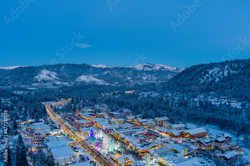Aerial view of Leavenworth, Washington at twilight  photo
