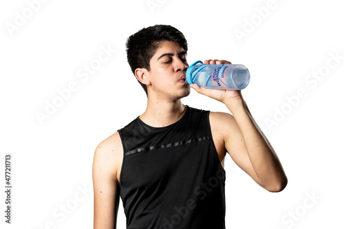 person drinking water and white background