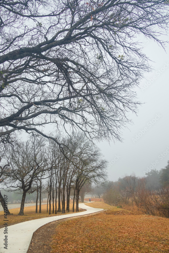Brownwood Texas walking trail festival park, during foggy mourning, relaxing panorama view, recreation area.
