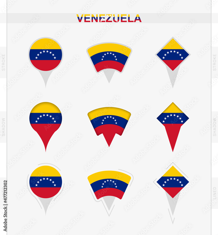 Venezuela flag, set of location pin icons of Venezuela flag. Venezuela flag, set of location pin icons of Venezuela flag.