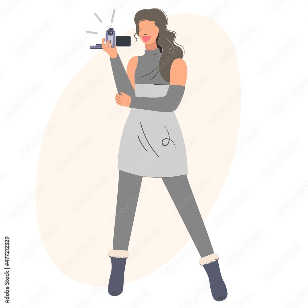 Happy girl shoots video and takes pictures. Cute female character rejoices. Modern young woman holding a movie camera. The idea of filming at home. For advertising, web, design. Isolated flat vector