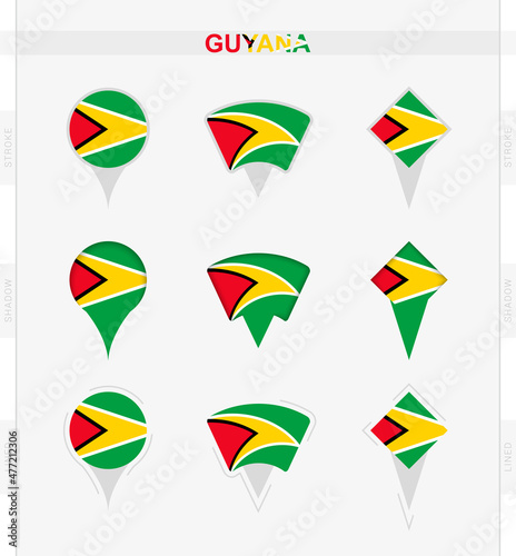 Guyana flag, set of location pin icons of Guyana flag.