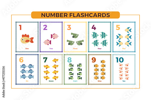 Number flashcards set one to ten for preschool learning. English math for kids. Vector illustration photo
