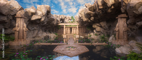 Wide panoramic 3D illustration of an ancient fantasy temple with lake and stone statues. photo