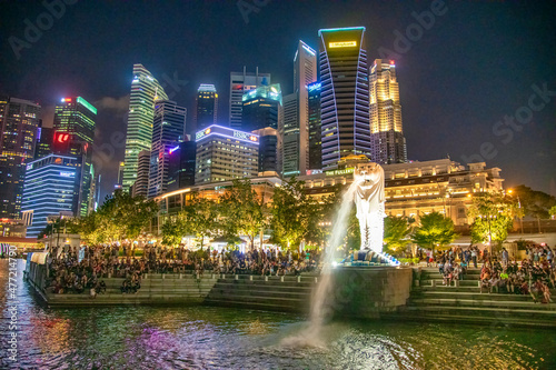 SINGAPORE - JANUARY 4TH, 2020: The Merlion and city skyline in Marina Bay at night.