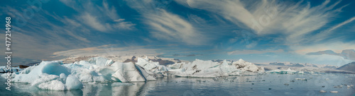 Panoramic view of Jokulsarlon Lagoon in Southern Iceland. Summer colors