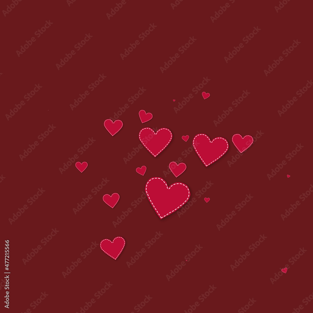 Red heart love confettis. Valentine's day explosion extra background. Falling stitched paper hearts confetti on maroon background. Comely vector illustration.