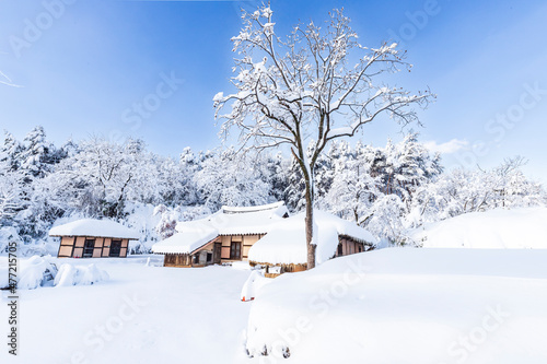 Snow scene in a traditional village with many snow photo