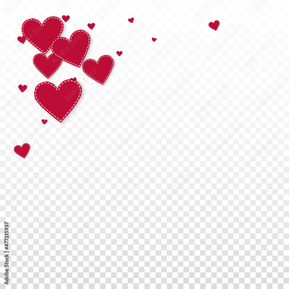 Red heart love confettis. Valentine's day corner astonishing background. Falling stitched paper hearts confetti on transparent background. Emotional vector illustration.