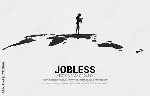 Unemployment man walk away on world map. business concept for unemployed people and down turn economy.