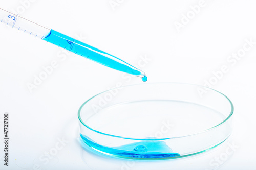 Laboratory pipette filled with blue liquid and resulting chemical solution on Petri dish for a biology experiment in his laboratory. Blue liquid in petri dish. Laboratory concept.