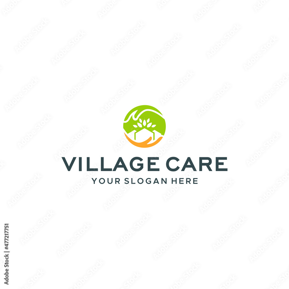Modern VILLAGE CARE Leaf Building Hand Logo design