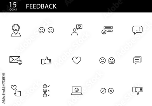 Conjunto de iconos de reacciones y emoticones. Me gusta, no me gusta, ideas, positivo, negativo, caritas, chat, opiniones y comentarios. Ilustración vectorial, estilo iconos simples photo