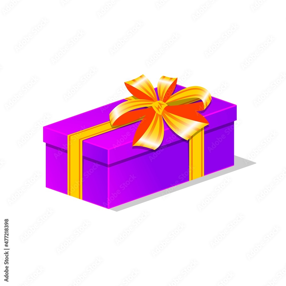 Gift in purple square box with yellow ribbon.