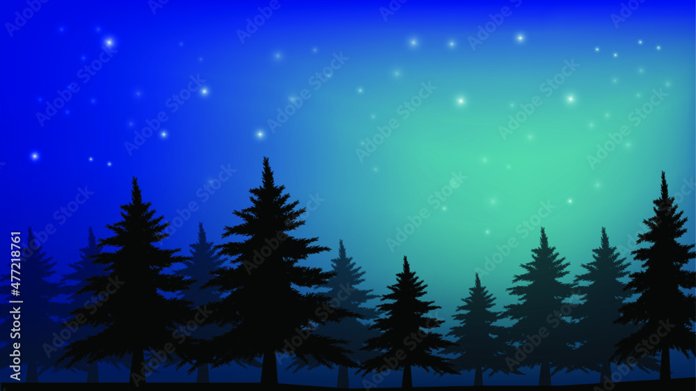 dark forest pine trees at night with stars vector bg silhouette background blue green black colors