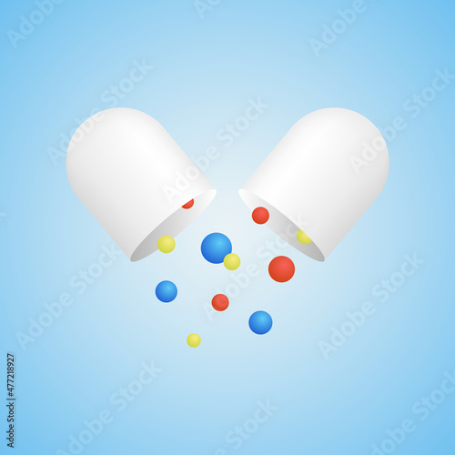 White medical capsule with vitamins. Supplements, mineral complexes, therapeutic and prophylactic preparations.