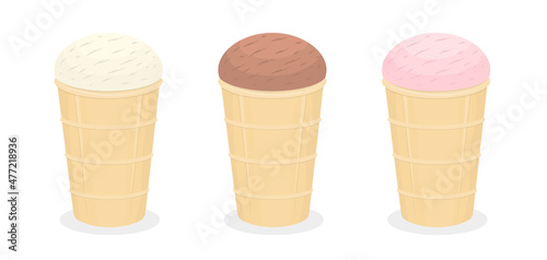 Creamy, strawberry and chocolate ice cream in waffle cup set