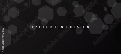 Dark black gradient minimal vector background with dotted and hexagon shape. Abstract halftone textured backdrop for banners, presentations, business templates