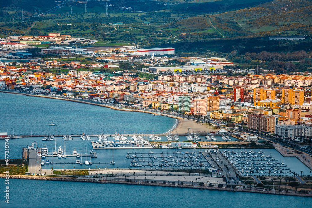 Obraz premium The town and harbour of Gibraltar viewed from up the Rock