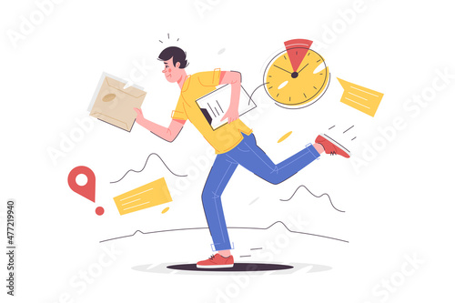 Male courier in hurry run deliver package to owner