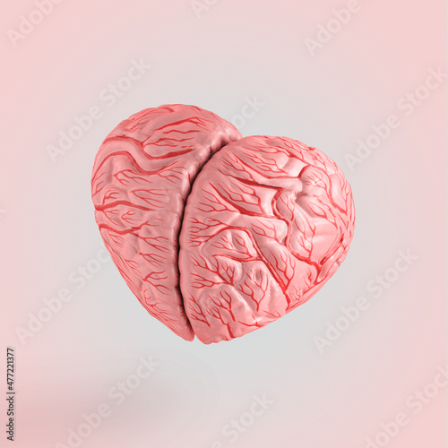2022. Minimal love symbol scene made of orange-pink heart-shaped brain isolated on pastel beige background. Women’s day or valentine’s day card. Surreal abstract creative concept. Love thoughts idea. photo