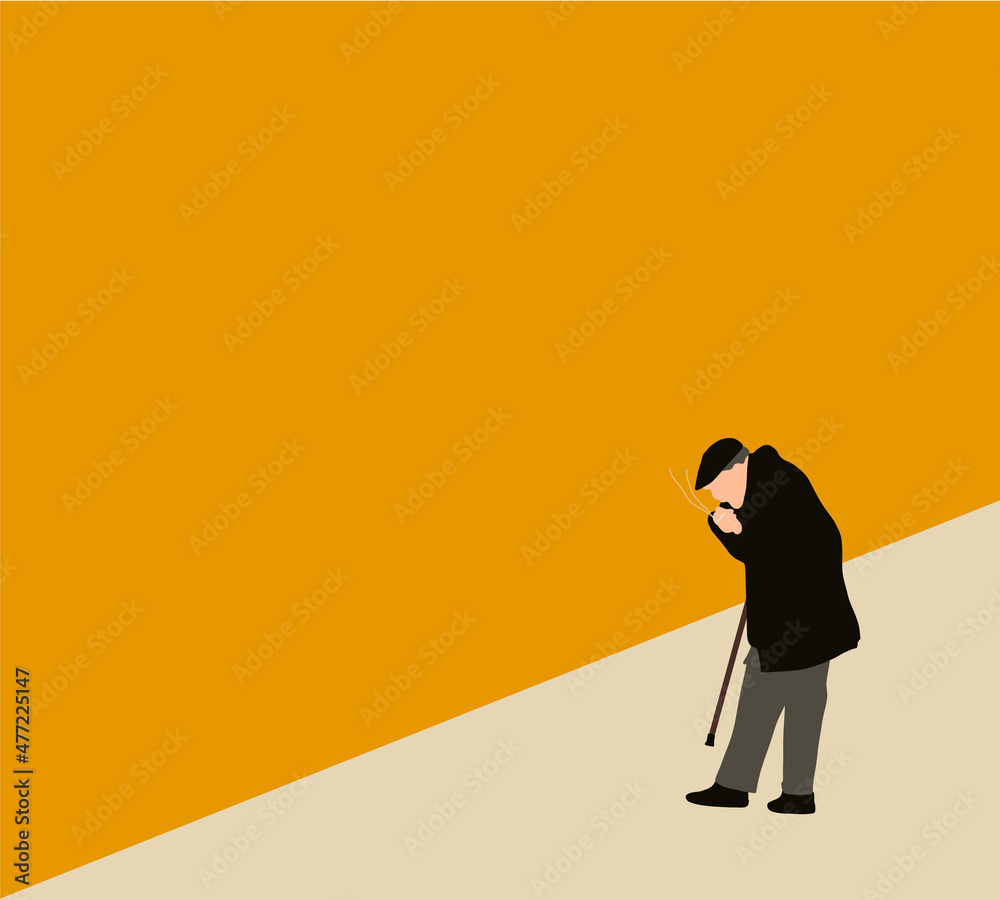 Retired man walking on street with and cane and smokes cigarette. Tobacco addiction. Vector cartoon illustration. Retired man walking on street with and cane and smokes cigarette. Tobacco addiction. Vector cartoon illustration.