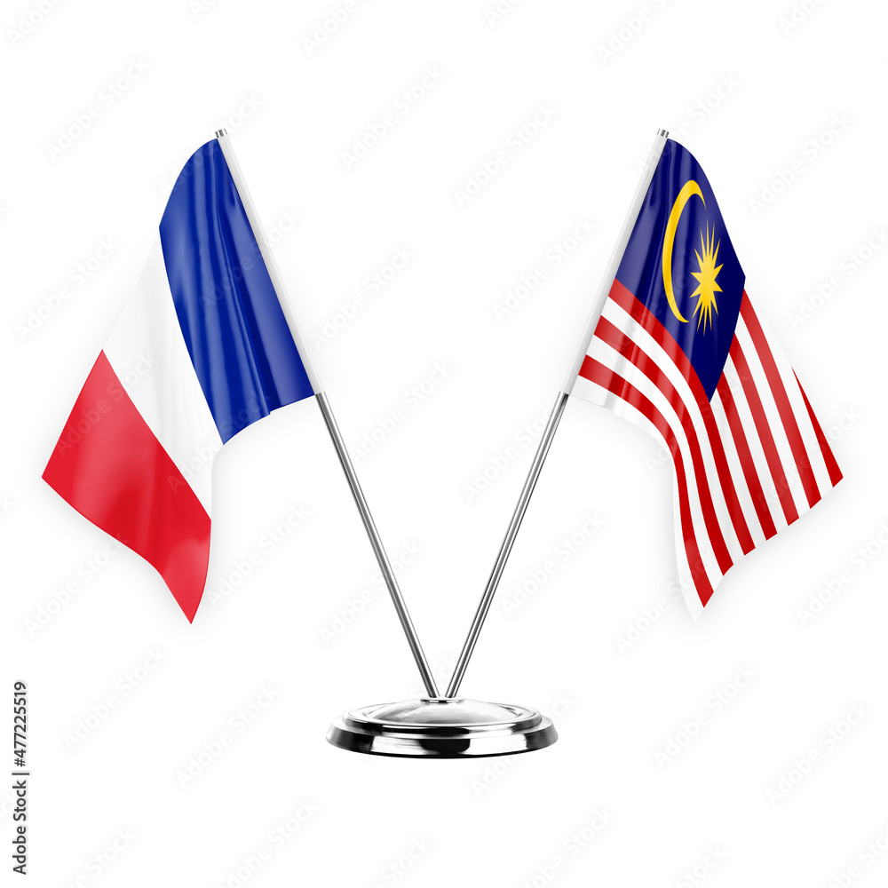 Two table flags isolated on white background 3d illustration, france and malaysia