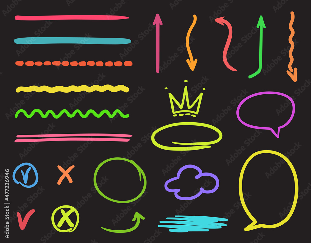 Hand drawn neon elements on isolated black background. Glowing shapes. Freehand underlines. Signs and symbols for your design