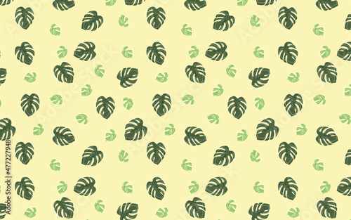 Seamless hand drawn vector pattern with green Monstera Deliciosa leaves