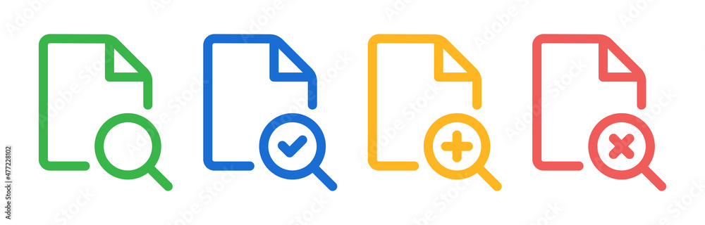 Search file document icon set. Magnifying glass and document symbol. Search file document icon set. Magnifying glass and document symbol.