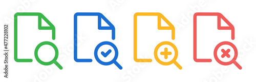 Search file document icon set. Magnifying glass and document symbol.