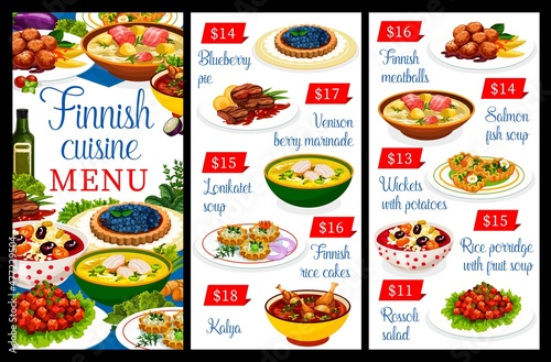 Finnish cuisine restaurant menu with food of Finland, vector dishes of potato and fish. Finnish cuisine dinner meals of venison and meatballs, salmon and meat, Scandinavian traditional lunch soups