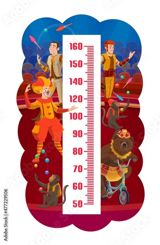 Kids height chart, shapito circus animals and performers growth measure meter vector design. Ruler scale of children, growth measuring sticker with cartoon circus stage, clown, jugglers