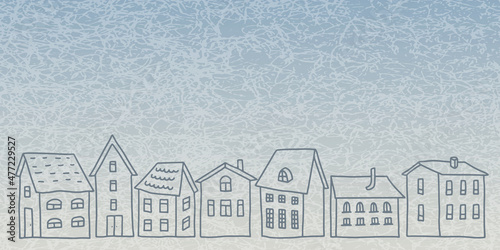 Horizontal textured background with silhouettes of houses. Vector blue backdrop with gradient. For banners, posters, wallpapers, etc.