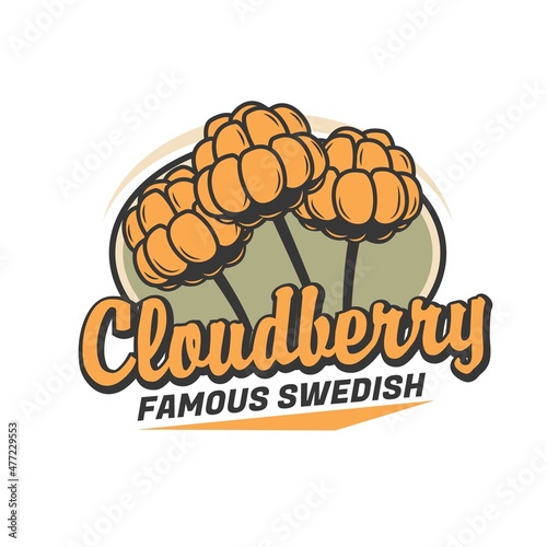 Cloudberry vector icon with ripe yellow fruits of nordic berries and flowering plant stems. Fresh garden food of organic farm isolated round badge with cloudberry, knotberry, aqpik or salmonberry