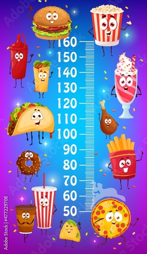 Kids height chart with cartoon funny fast food characters, vector growth meter child height measure scale. Cute fastfood burger, pizza and cheeseburger, hot dog and popcorn, tacos, coffee and donut