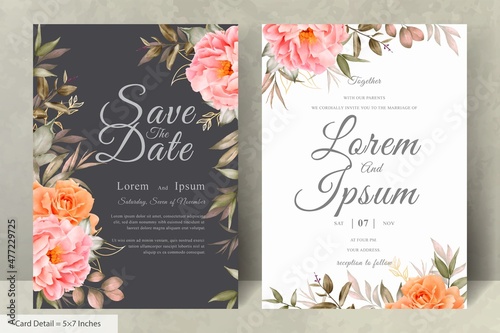 Elegant Watercolor Floral Wedding Invitation Set with Hand Drawn Peony and Leaves © FederiqoEnd
