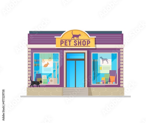 Pet care and food shop building. Vector store facade with animals items behind of wide glass showcase. Cats and dogs production, feed packages, collars and toys. Pet house isolated cartoon exterior
