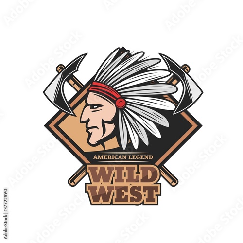 Indian brave chief Wild West vector character. Native American tribe leader with war bone feather headdress, crossed tomahawk and hatchet. Isolated symbol of American legend