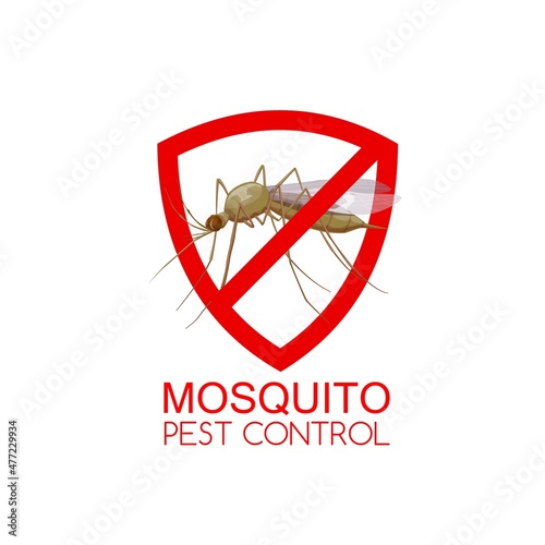 Mosquito vector sign with pest control insect or gnat. Stop and anti mosquito red warning symbol of pest insect with wings and long legs, pest control, disinfection and disinsection service