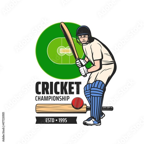 Cricket championship vector icon with player and field. Cricket sport game batsman hitting ball with bat, safety helmet, gloves and leg pads on sporting arena with green infield and pitch areas