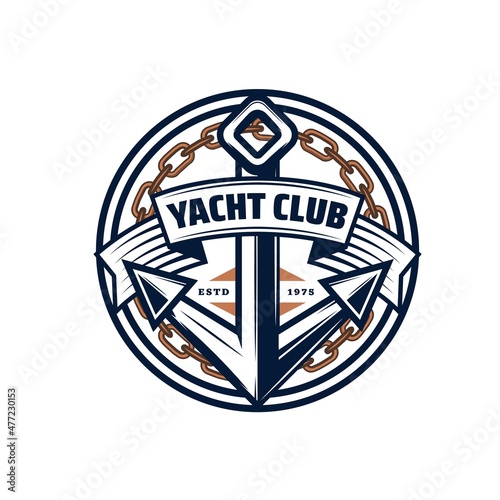 Yacht club vector icon of nautical anchor, sailing ship or boat chain and ribbon banner. Nautical heraldic emblem or badge of sailing and yachting sport, sea travel, journey and marine adventure