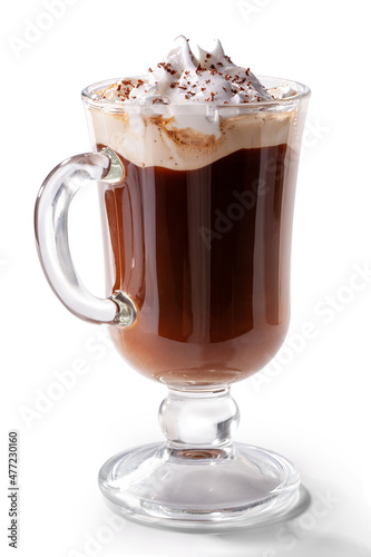 glass of Viennese coffee topped with whipped cream and chocolate chips close-up isolated on white background 