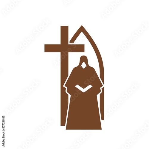 Christianity religion icon, priest with cross and church, catholic or orthodox religious vector symbol. Christian crucifix cross and priest with holy bible of God, evangelic or protestant sign