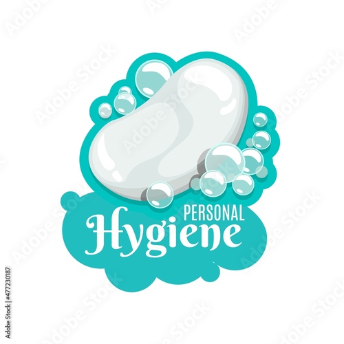 Soap with bubbles, personal hygiene icon. Bathing and toiletries, laundry detergent and body hygiene cartoon vector emblem, sticker or icon with ellipse shape antibacterial soap bar with foam bubbles